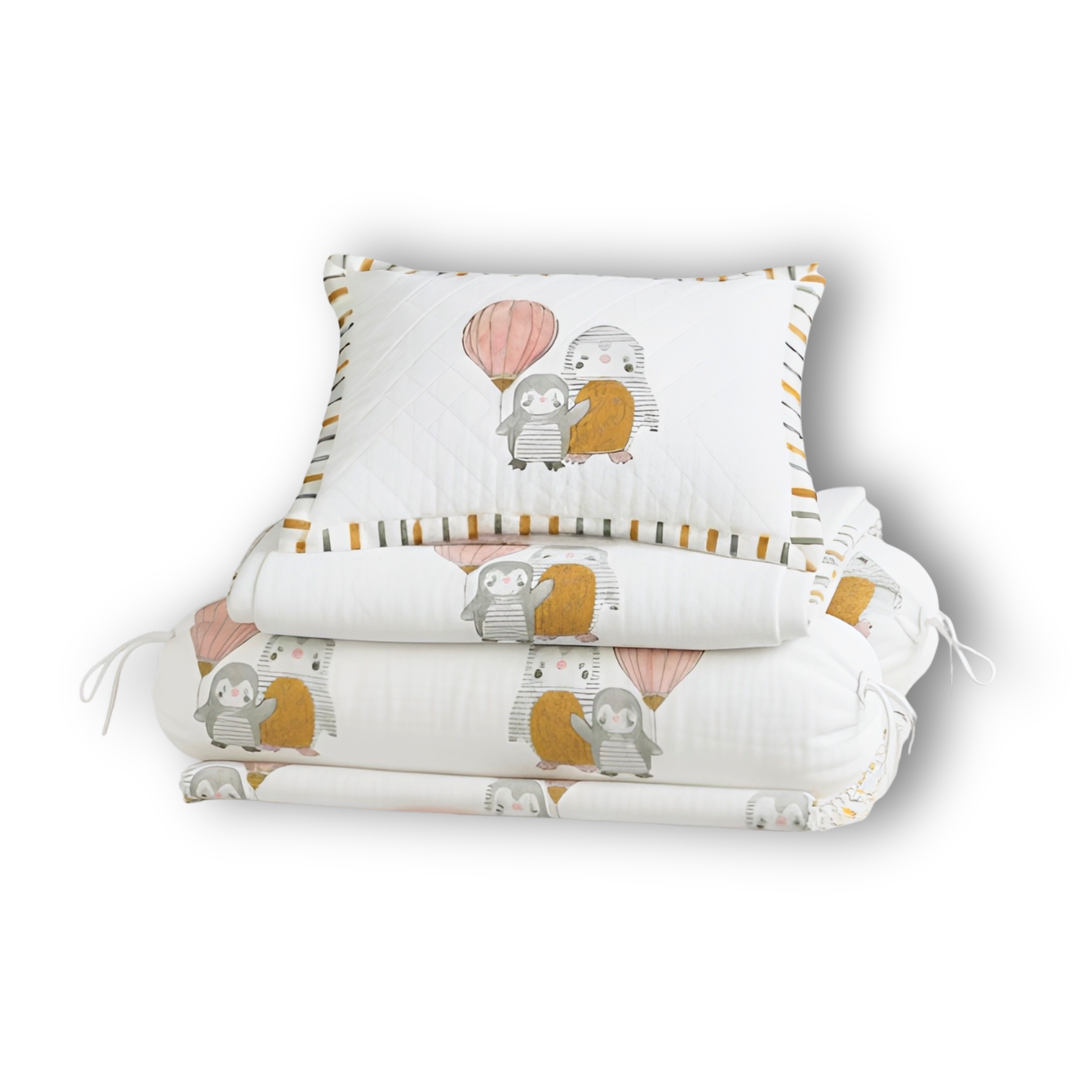 Mulmul 5-Pc Cot Bedding Set (Dohar) - Penguin Party
